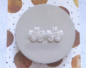 Large Acrylic Clear and White Floral Post Stud Earrings