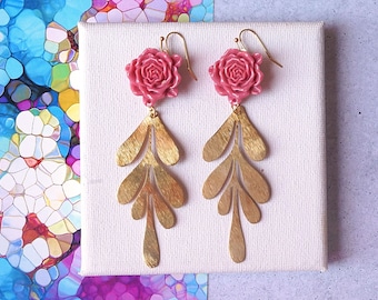 Brass Leaf Earrings with Dusty Rose Pink Flower