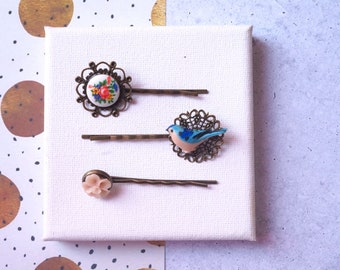 Blue Bird, Vintage Floral Cab and Tan Flower Hairpin Set