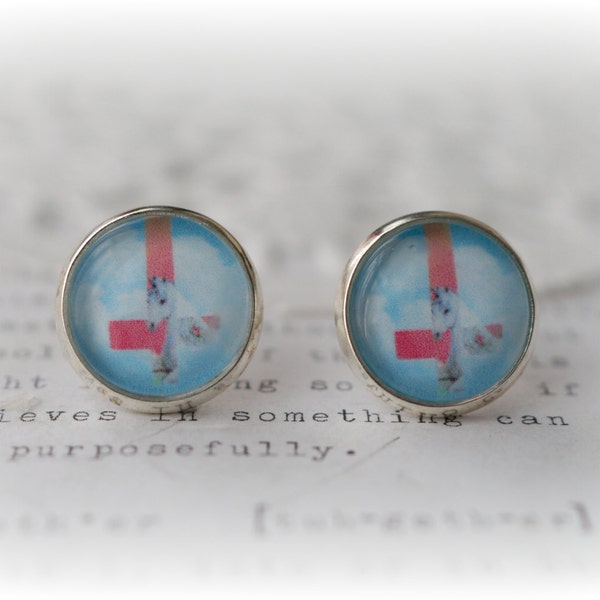 Round Glass Upside Down Cross & Unicorn Stud Earrings