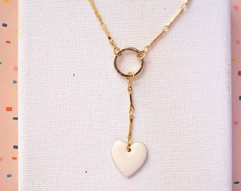 Gold Bar Necklace with Hanging White Heart