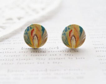 Wooden Round Colourful Feather Stud Earrings