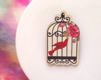 Wooden Vintage Birdcage Brooch with Red Bird