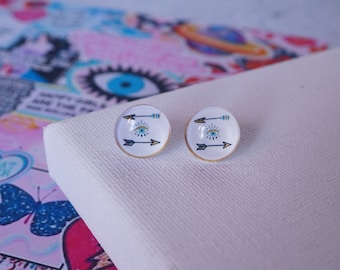 Illustrated Evil Eye and Arrows Post Stud Earrings