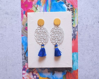 Matt Gold, White Filigree and Blue Tassel Earrings