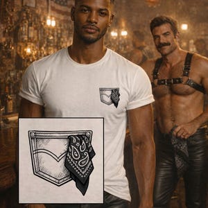 May include: A white short-sleeved t-shirt featuring a black and white graphic print on the chest pocket area. The illustration depicts a denim-style pocket with a folded paisley bandana tucked inside, rendered in a detailed, etched line art style.