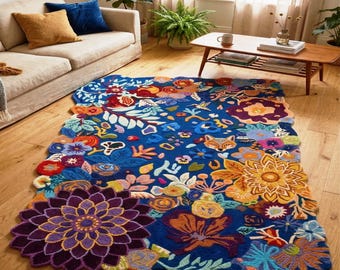 Colorful Floral Tufted Rug Handmade Boho Area Rug Botanical Living Room Bedroom Decor