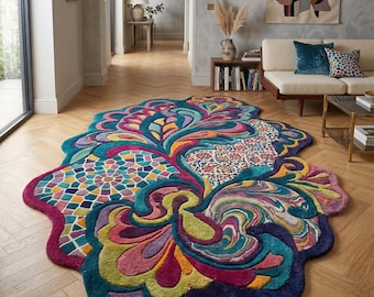 Colorful Abstract Tufted Rug Unique Shape Modern Boho Area Rug Artistic Living Room Carpet
