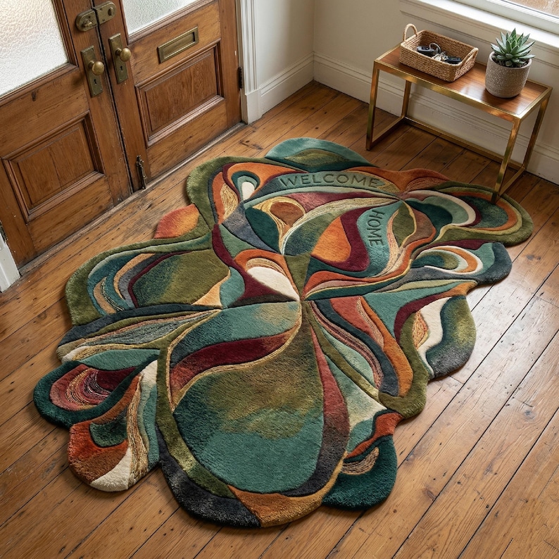 Irregular welcome rug entryway, abstract handmade carpet, colorful modern door mat home decor