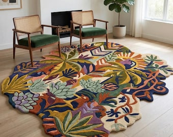 Colorful Irregular Jungle Rug Handmade Tufted Botanical Boho Modern Area Rug Decor