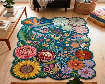 Handmade Floral Tufted Rug Colorful Botanical Area Rug Unique Boho Home Decor Gift