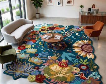 Boho Floral Tufted Rug Handmade Celestial Area Rug Colorful Unique Home Decor Gift