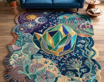 Irregular Crystal Sun Moon Tufted Rug, Celestial Boho Area Carpet Décor