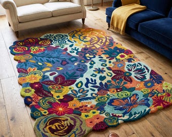Colorful Floral Tufted Rug Handmade Boho Abstract Area Rug Modern Artistic Carpet Decor