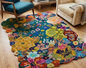 Colorful Floral Tufted Rug Handmade Abstract Boho Area Rug Unique Shape Home Decor