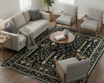 Handknotted Black Oushak Wool Rug, Floral Traditional Area Rug