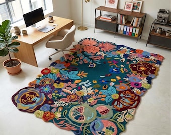 Handmade Floral Rug Colorful Tufted Wool Area Rug Boho Modern Living Room Decor Carpet