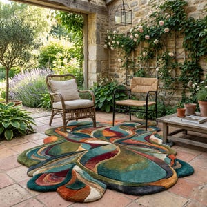 Abstract irregular rug outdoor patio, boho colorful carpet under chairs, modern garden decor rug