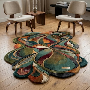 Modern abstract shape rug under chairs, handmade irregular wool carpet, designer home decor rug