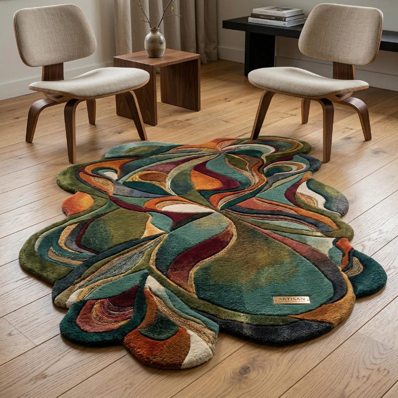 Modern abstract shape rug under chairs, handmade irregular wool carpet, designer home decor rug