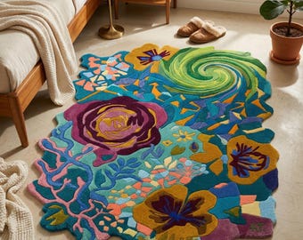 Colorful Abstract Floral Rug, Modern Botanical Tufted Carpet, Art Deco Boho Home Decor