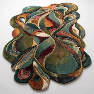 Unique shape abstract rug isolated, handmade modern carpet, green orange irregular designer rug