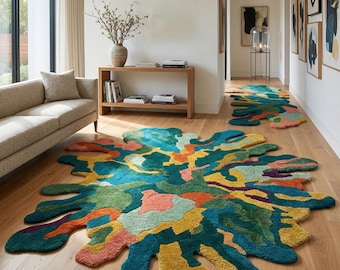 Abstract Irregular Rug Colorful Hand Tufted Wool Modern Area Carpet Unique Shape Home Decor
