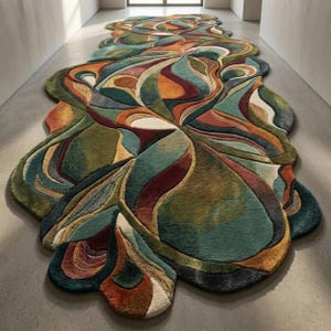 Large irregular abstract rug in hallway, colorful organic shape carpet, modern luxury floor decor