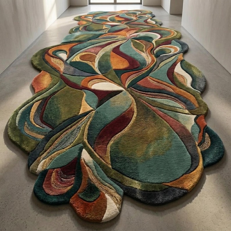 Large irregular abstract rug in hallway, colorful organic shape carpet, modern luxury floor decor