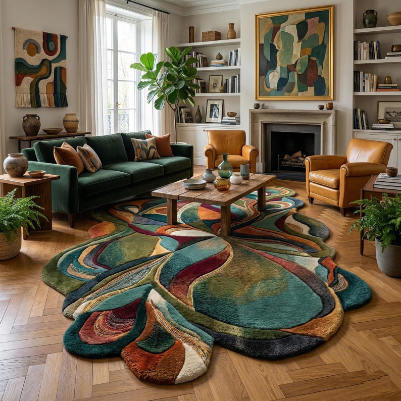 Luxury abstract rug living room, colorful irregular carpet, modern artistic home decor rug