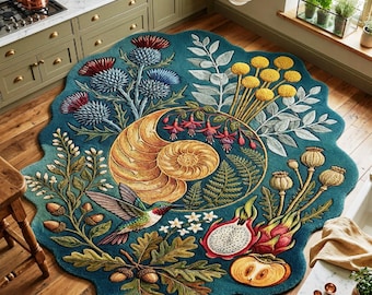 Botanical Teal Floral Rug Handmade Wool Round Area Rug Nature Boho Living Room Decor