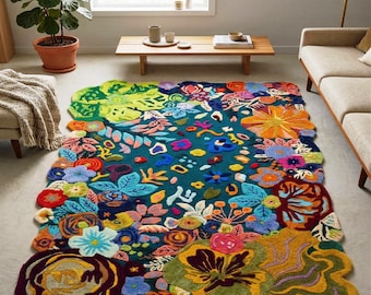 Colorful Floral Tufted Rug Handmade Boho Abstract Area Rug Modern Home Decor