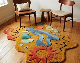 Abstract Modern Area Rug Colorful Handmade Tufted Irregular Shape Boho Living Room Decor Rug