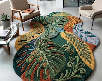 Modern Abstract Leaf Rug, Handmade Tufted Wool Area Rug, Organic Shape Botanical Carpet Decor
