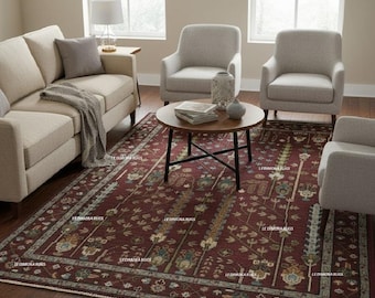 Handknotted Oushak Wool Rug Red Plum Floral Traditional Area Rug