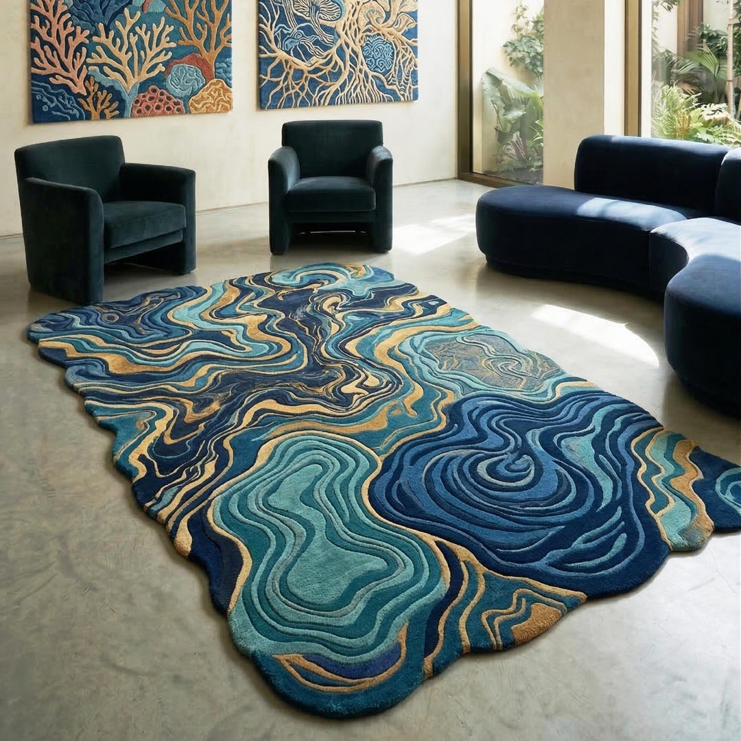 Abstract Blue Gold Rug Irregular Shape Modern Area Rug Luxury Handmade ...