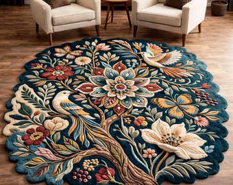 Handmade Wool Bird Floral Rug: Botanical Boho Living Room Carpet