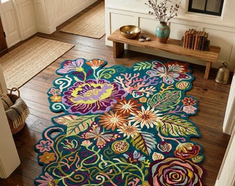 Colorful Floral Tufted Rug Handmade Wool Boho Area Rug Unique Shape Botanical Carpet Decor
