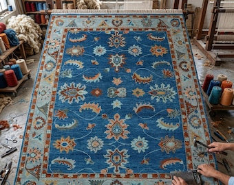 Blue Vintage Oriental Rug Handmade Wool Floral Area Rug Traditional Home Decor Carpet