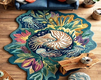 Hand Tufted Nautilus Shell Rug: Coastal Wool Area Carpet – Boho Ocean Decor
