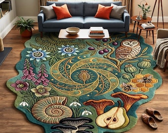 Botanical Owl Rug Handmade Forest Nature Area Rug Boho Floral Unique Shape Carpet Decor