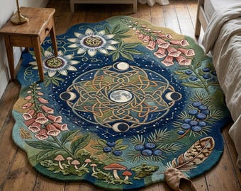 Irregular Boho Floral Rug Celestial Moon Mandala Nature Carpet Unique Bedroom Living Room Decor