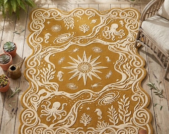 Ocean Inspired Handmade Rug Coastal Octopus Seahorse Mustard Area Rug Living Room Decor
