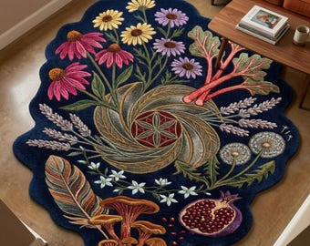 Botanical Floral Rug Handmade Boho Area Rug Colorful Flower Garden Unique Scalloped Shape Decor