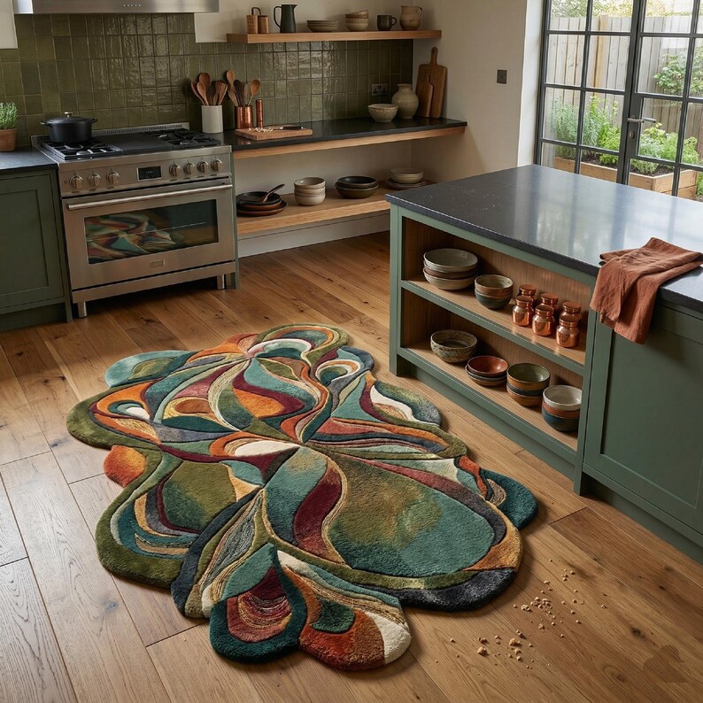 Abstract irregular rug in modern kitchen, green orange handmade wool rug, artistic floor carpet home decor