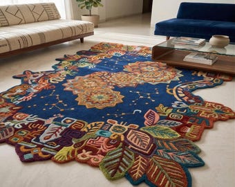 Colorful Boho Mandala Rug Handmade Tufted Area Rug Unique Irregular Shape Carpet