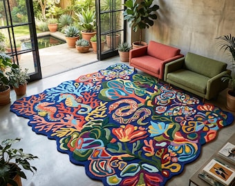 Colorful Abstract Tufted Rug Irregular Shape Boho Art Carpet Handmade Modern Floor Decor
