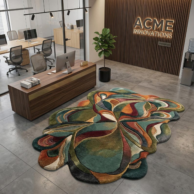 Modern abstract rug office reception, irregular designer carpet, luxury commercial interior rug