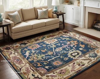 Handknotted Blue Wool Oushak Rug | Turkish Oriental Carpet