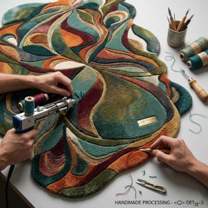 Contemporary abstract rug close view, green orange artistic carpet, handmade irregular area rug